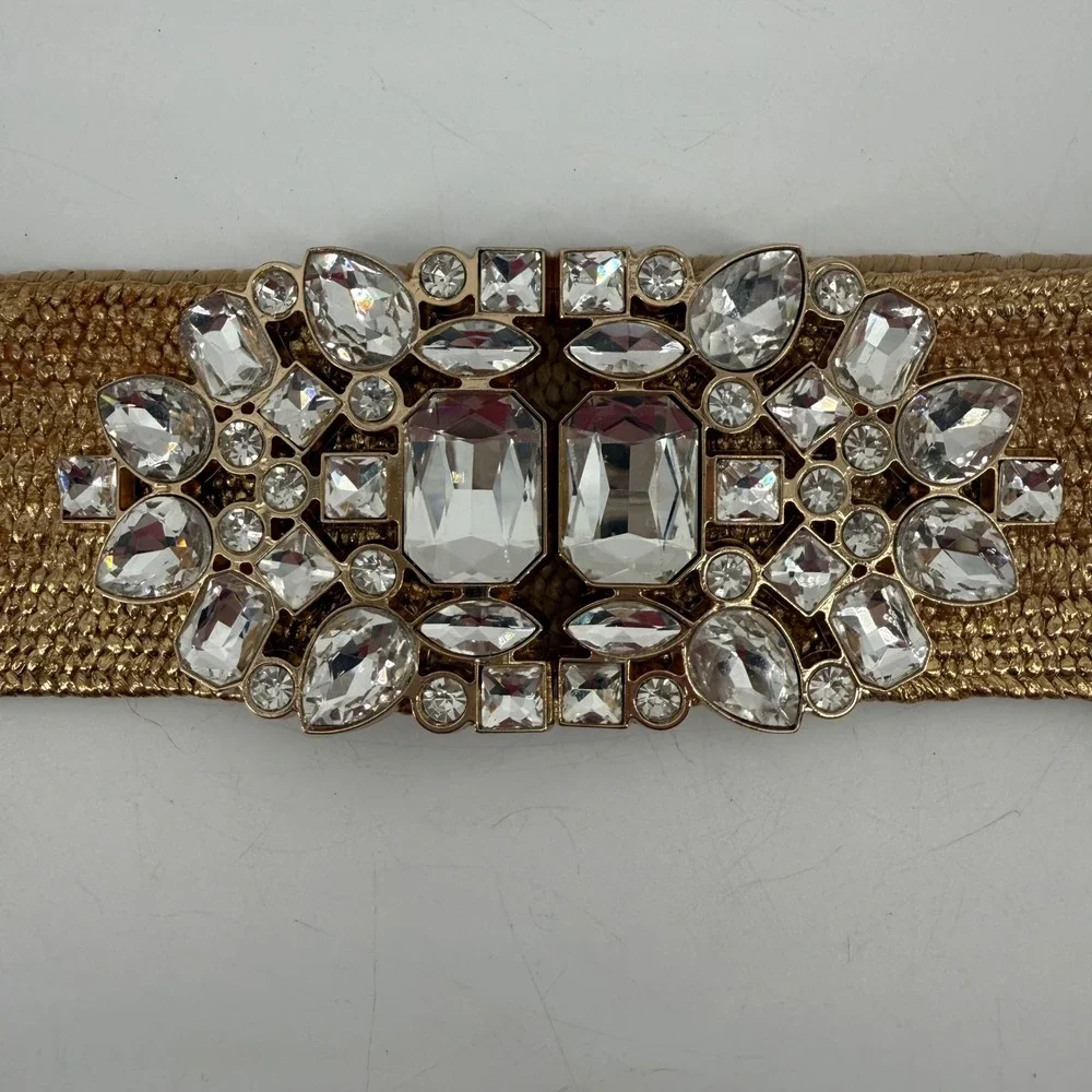 Gold Woven Stretch Belt with Oversized Crystal Rhinestone Statement Buckle NEW
